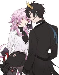  black_flower black_gloves black_hair black_pantyhose black_skirt black_umbrella commentary dan_heng_(honkai:_star_rail) dan_heng_(permansor_terrae)_(honkai:_star_rail) dragon_boy dragon_horns earrings evernight_(honkai:_star_rail) eyeliner flower gloves green_hair highres honkai:_star_rail honkai_(series) horns implied_hetero jewelry makeup march_7th_(honkai:_star_rail) multicolored_hair official_alternate_eye_color pantyhose pencil_skirt pink_eyes red_eyeliner red_eyes single_earring skirt sp0i0ppp two-tone_hair umbrella yellow_horns 