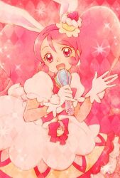 1girl aizen_(syoshiyuki) animal_ears argyle_background cure_whip dress food-themed_clothes food-themed_hair_ornament gloves hair_ornament highres kirakira_precure_a_la_mode long_hair looking_at_viewer magical_girl one-hour_drawing_challenge pink_eyes pink_hair precure puffy_short_sleeves puffy_sleeves rabbit_ears short_sleeves smile solo twintails upper_body usami_ichika white_gloves 