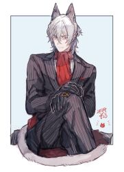  1boy animal_ears antonio_salieri_(fate) antonio_salieri_(second_ascension)_(fate) ascot black_gloves black_pants blue_background border cat_boy cat_day cat_ears cat_tail closed_mouth commentary_request crossed_legs dated fang fate/grand_order fate_(series) feet_out_of_frame gloves hair_between_eyes half_updo hands_on_own_knee jewelry kemonomimi_mode lapels long_sleeves looking_at_viewer male_focus medium_hair notched_lapels outside_border pants pinstripe_jacket pinstripe_pants pinstripe_pattern red_ascot red_eyes ring shiroki1020556 simple_background sitting skin_fang solo tail white_border white_hair 