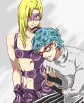  2boys blonde_hair blue_hair ghiaccio glasses jojo_no_kimyou_na_bouken kamu_(simp3) mask melone multiple_boys 