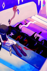  2boys antenna_hair black_eyes black_hair black_socks black_sweater_vest black_tank_top closed_mouth collared_shirt commentary etursaemajoris highres kneehighs looking_at_another male_focus multiple_boys omori omori_(omori) shirt short_hair shorts sitting snake snake_(omori) socks something_(omori) stairs striped_clothes striped_shorts sunny_(omori) sweater_vest tank_top vertical-striped_clothes vertical-striped_shorts white_shirt white_shorts 