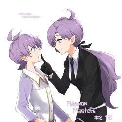  2girls ahoge anabel_(pokemon) black_gloves black_jacket black_necktie black_pants collared_shirt commentary_request eye_contact from_side gloves hand_up jacket looking_at_another multiple_girls necktie normal_(n0mal_) pants pokemon pokemon_emerald pokemon_ruby/sapphire/emerald pokemon_sun_and_moon shirt suit translation_request transparent_background white_shirt 