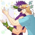  2boys astkcrts blonde_hair blue_eyes bubble caesar_anthonio_zeppeli fingerless_gloves gloves green_eyes jojo_no_kimyou_na_bouken joseph_joestar_(young) mask multiple_boys purple_hair 