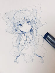  1girl absurdres art_tools_in_frame ascot blue_theme bow commentary_request detached_sleeves frilled_bow frilled_hair_tubes frills furawast hair_bow hair_tubes hakurei_reimu highres long_hair looking_at_viewer photo_(medium) solo touhou traditional_media upper_body 