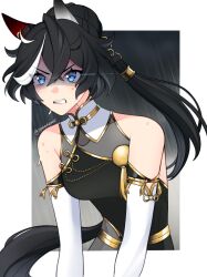  1girl animal_ears backless_shirt bare_shoulders black_hair blue_eyes breasts clenched_teeth clouds cloudy_sky commentary ear_covers elbow_gloves english_commentary gloves hair_between_eyes hair_bun hair_ornament highres horse_ears horse_girl itsaboutspoons katsuragi_ace_(pen_name:_ink_dragon)_(umamusume) katsuragi_ace_(umamusume) long_hair medium_breasts multicolored_hair official_alternate_costume official_alternate_hairstyle open_mouth rain shaded_face sky solo streaked_hair tail teeth umamusume wet white_gloves white_hair 