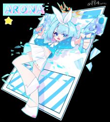  1girl :o arona_(blue_archive) artist_name bare_legs black_background blue_archive blue_eyes blue_hair blue_pupils bow bow_hairband braid character_name chinese_commentary commentary_request cropped_shirt dated dot_nose dual_wielding envelope eyes_visible_through_hair foreshortening full_body glass_shards gun hair_bow hair_over_one_eye hairband halo handgun highres holding holding_gun holding_weapon knee_up leg_up long_sleeves looking_to_the_side maomaoquing medium_hair midriff miniskirt multi-source_commentary open_mouth orange_halo panty_&amp;_stocking_with_garterbelt_(style) recruitment_(blue_archive) shirt_bow shoes short_braid simple_background single_braid skirt solo sparkle spiked_halo standing standing_on_one_leg star_(symbol) sway_back swept_bangs v-shaped_eyebrows weapon white_bow white_hairband white_shoes white_skirt 