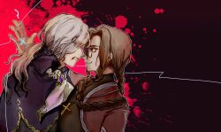  2boys angry ascot blonde_hair blood blood_from_mouth braid braided_ponytail cassock commentary cross cross_necklace edmond_dantes_(fate) edmond_dantes_(monte_cristo_uniform)_(fate) electricity electrokinesis face-to-face fate/grand_order fate_(series) formal_clothes gem glasses hair_between_eyes high_collar highres jewelry long_sidelocks looking_at_another male_focus michael_roa_valdamjong multiple_boys necklace open_hand ponytail priest profile red_eyes sidelocks smirk tarantella_(fate) vampire white_hair wholelottalovi1 