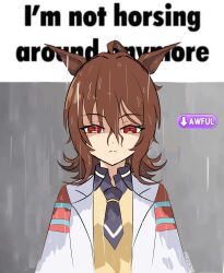  1girl absurdres agnes_tachyon_(tach-nology)_(umamusume) agnes_tachyon_(umamusume) ahoge animal_ears brown_hair closed_mouth coat commentary deezmond english_commentary english_text gif_caption_(meme) hair_between_eyes highres horse_ears horse_girl lab_coat looking_at_viewer meme mood_(umamusume) necktie photo-referenced purple_necktie rain red_eyes shaded_face short_hair solo sweater umamusume upper_body wet wet_clothes white_coat yellow_sweater 