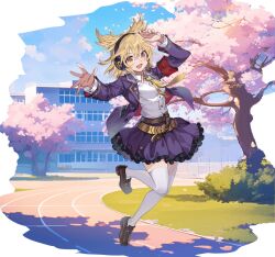  1girl :d alternate_costume armband artist_request belt blonde_hair blue_sky breasts brown_belt brown_shoes building cherry_blossoms clouds collared_shirt contemporary day earmuffs full_body game_asset jacket loafers long_sleeves looking_at_viewer medium_breasts medium_hair necktie non-web_source official_art open_clothes open_jacket open_mouth outdoors pointy_hair purple_jacket red_armband school school_uniform self-datamine shirt shoes simple_background sky smile solo thigh-highs touhou touhou_arcadia_record toyosatomimi_no_miko translation_request transparent_background tree white_shirt white_thighhighs yellow_eyes yellow_necktie 