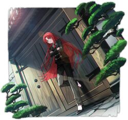  1girl alternate_costume artist_request black_jacket black_pants black_shoes braid closed_mouth collared_shirt contemporary crossdressing crossdressing_(ftm) crossed_arms day full_body game_asset gate green_eyes green_necktie high_heels hong_meiling jacket lens_flare long_hair looking_at_viewer missing_headwear necktie non-web_source official_art open_clothes open_jacket outdoors pants plant red_hair self-datamine shirt shoes simple_background smile solo touhou touhou_arcadia_record transparent_background twin_braids very_long_hair white_background 