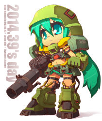  1girl blue_panties chibi clothes_lift commentary drum_magazine full_body green_eyes grey_hair gun gundam hatsune_miku helmet highres hizack holding holding_gun holding_weapon lewis_gun light_machine_gun long_hair machine_gun magazine_(weapon) mecha mecha_musume midriff miku_day miniskirt navel panties robot skirt skirt_lift solo standing striped_clothes striped_panties susagane twintails underwear weapon zeta_gundam 