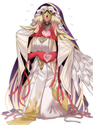  1girl absurdres blush breasts commentary_request covered_face dress duel_monster extra_arms extra_hands eye_mask full_body grey_dress hands_hair hecahands_yadel highres huge_breasts long_hair looking_at_viewer mask simple_background single_wing smile solo tentacle_hair too_many_hands white_background wings yu-gi-oh! yxzzbg 
