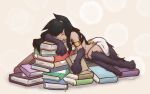  1girl absurdres animal_ears anubis armband black_hair book book_stack commentary dog_paws highres jewelry long_hair mithril_(pixiv9140955) monster_girl original paws sleeping solo tail wolf_ears wolf_tail 