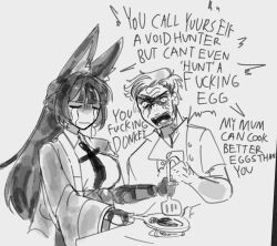  anger_vein collared_shirt cooking crying food frying_pan gordon_ramsay highres hoshimi_miyabi insult monochrome necktie omelet omgitsdestnoway shirt shouting spatula wrinkled_skin zenless_zone_zero 