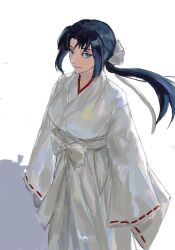  1girl ashashio blue_eyes blue_hair bow chinese_commentary commentary_request floating_clothes floating_hair hair_bow hair_intakes hakama highres japanese_clothes kimono light_smile looking_at_viewer minato_subaru parted_lips ponytail red_ribbon ribbon ribbon-trimmed_sleeves ribbon_trim sash sidelocks solo soukou_akki_muramasa white_bow white_hakama white_kimono white_sash 