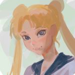  1girl animated animated_gif bishoujo_senshi_sailor_moon blonde_hair blue_eyes bust dithering double_bun earrings face ilya_kuvshinov jewelry lips long_hair looking_at_viewer school_uniform serafuku smile solo tsukino_usagi twintails work_in_progress 