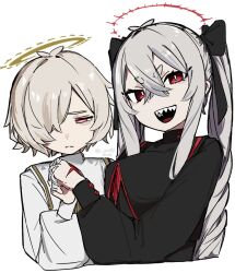  0_onibi 1boy 1girl antenna_hair bandaged_fingers bandages black_dress bow breasts bright_pupils closed_mouth cropped_torso crossed_bangs dress frown gekiyaku gekiyaku_(vocaloid6) hair_between_eyes hair_bow hair_over_one_eye halo highres holding_hands kazehiki_(utau) kazehiki_(vocaloid6) long_hair long_sleeves looking_at_viewer medium_breasts open_mouth puffy_long_sleeves puffy_sleeves red_eyes sharp_teeth shirt short_hair signature simple_background smile teeth thick_eyebrows twintails twitter_username upper_body utau vocaloid white_background white_pupils white_shirt 