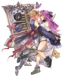  2girls absurdres alternate_costume alternate_hair_length_(shorter) bare_shoulders black_boots black_horns blonde_hair blue_eyes blush boots bow braid braided_hair_rings breasts bug bun_cover butterfly clothes_grab clothing_cutout commentary_request demon_girl demon_horns demon_tail detached_sleeves dress ear_piercing eye_contact frilled_sleeves frills full_body grabbing_another's_sleeve gradient_hair green_eyes grey_thighhighs hair_bun hair_rings hat highres holding_hands hololive horns jiangshi_costume legzy long_hair long_sleeves looking_at_another momosuzu_nene momosuzu_nene_(jiangshi) multicolored_hair multiple_girls nekko_(momosuzu_nene) official_alternate_costume official_alternate_hairstyle ofuda ofuda_on_clothes open_mouth piercing pink_hair pointy_ears purple_dress purple_hair purple_hat purple_sleeves qingdai_guanmao quad_hair_rings shirt short_hair shoulder_cutout skirt sleeves_past_fingers sleeves_past_wrists smile socks tail thigh-highs tokoyami_towa tokoyami_towa_(7th_costume) unworn_hat unworn_headwear virtual_youtuber white_background white_shirt white_skirt wide_sleeves yuri 