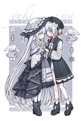  2girls artist_request beret black_choker black_dress black_gloves black_hat black_shoes character_name cherry_blossoms choker closed_mouth commentary_request commission dress eye_contact flower frilled_dress frilled_sleeves frills full_body gloves gradient_hair hair_flower hair_ornament hat hat_flower highres holding_hands interlocked_fingers long_hair long_sleeves looking_at_another mahou_shoujo_no_majo_saiban multicolored_hair multiple_girls neck_ribbon pink_eyes pink_hair ribbon sakuraba_ema second-party_source shoes short_hair socks spoilers standing stuffed_animal stuffed_rabbit stuffed_toy tsukishiro_yuki very_long_hair white_dress white_flower white_hair white_hat white_ribbon white_socks x_hair_ornament 