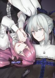  2girls baobhan_sith_(fate) blue_eyes bow braid breasts commentary_request fate/grand_order fate_(series) grey_eyes grey_hair hair_bow half_up_braid highres hitodens jewelry long_hair long_sleeves lying morgan_le_fay_(fate) multiple_girls necklace on_back one_eye_closed open_mouth pink_hair pointy_ears ponytail shirt sidelocks smile thigh-highs 