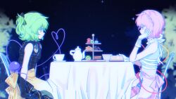  2girls alternate_costume black_bow black_shirt blue_shirt blurry bow chair chinese_commentary commentary_request cup depth_of_field eye_contact food food_request from_side gloves green_eyes green_hair hair_bow heart heart_of_string highres komeiji_koishi komeiji_satori looking_at_another macaron multiple_girls on_chair pink_eyes pink_hair saucer shirt short_hair siblings simple_background sisters sitting sleeveless sleeveless_shirt table takki_(takkiko) teacup tiered_tray touhou touhou_hero_of_ice_fairy white_gloves 
