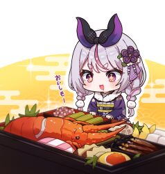  +_+ 1girl :d bento blush_stickers braid chibi chibi_only commentary_request crab fur-trimmed_kimono fur_trim grey_hair hair_ornament highres japanese_clothes kimono kiwipodo long_hair looking_at_food low_twin_braids multicolored_hair obi open_mouth pink_streaks pom_pom_(clothes) pom_pom_hair_ornament purple_kimono saliva sash smile solo sparkle streaked_hair tosaki_mimi translation_request twin_braids violet_eyes virtual_youtuber vspo! 
