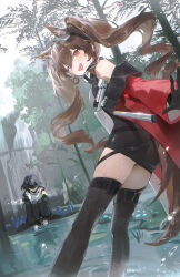  2girls absurdres angelina_(arknights) animal_ear_fluff animal_ears arknights arknights:_endfield bare_shoulders black_coat black_dress black_gloves black_hair black_mask black_pantyhose black_shoes black_thighhighs blindfold_mask bottle brown_hair coat commentary dress endministrator_(arknights) female_endministrator_(arknights) forest fox_ears fox_girl fox_tail gilberta_(arknights) gloves headpiece high_collar highres holding holding_bottle k1m0w07 long_hair long_sleeves looking_at_viewer mask medium_hair multiple_girls nature open_clothes open_coat open_mouth pantyhose red_coat red_eyes shoes smile squatting sweater tail thigh-highs tree twintails wading water_bottle wet white_sweater 