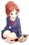  1girl brown_eyes brown_hair dog hand_on_another&#039;s_stomach lying nagian on_back original pug school_uniform skirt smile solo squatting sweater 