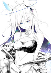  1girl ahoge animal_ears arms_behind_back bare_shoulders blue_eyes bright_pupils cleavage_cutout clothing_cutout colored_inner_hair commentary_request ear_ornament hasukurira highres horse_ears horse_girl jacket jacket_partially_removed long_hair looking_down multicolored_hair neo_universe_(umamusume) neo_universe_(universe-naut)_(umamusume) quilted_jacket solo space spot_color starry_hair umamusume white_background white_pupils 
