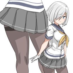  1girl 30-06 black_pantyhose blue_eyes blue_sailor_collar cowboy_shot gloves grey_hair grey_sailor_collar grey_skirt hair_over_one_eye hamakaze_(kancolle) head_out_of_frame highres kantai_collection looking_at_viewer lower_body multiple_views neckerchief pantyhose sailor_collar sailor_shirt school_uniform serafuku shirt short_hair short_sleeves skirt standing thighband_pantyhose white_background white_gloves white_shirt yellow_neckerchief zoom_layer 