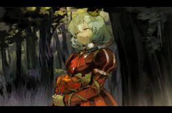  1girl angela_(project_moon) apple ascot blue_hair breasts brooch commentary crown dappled_sunlight double-parted_bangs dress e.g.o_(project_moon) english_commentary fluffy_hair food forest frilled_sleeves frills fruit green_stem_(e.g.o) high_collar highres holding holding_food holding_fruit jewelry layered_sleeves leaf letterboxed library_of_ruina long_sleeves looking_ahead medium_breasts nature outdoors own_hands_clasped own_hands_together parted_lips plant_roots project_moon puffy_short_sleeves puffy_sleeves red_ascot red_dress short_hair short_sleeves sidelocks solo striped_clothes striped_dress sunlight tree upper_body yellow_eyes zukichou 