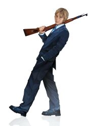  1boy arm_at_side baggy_pants blonde_hair blue_jacket blue_necktie blue_pants blue_shoes buttons calvin_gabriel carrying_over_shoulder collared_shirt commentary english_commentary fingernails from_side full_body grey_eyes gun hand_in_pocket hand_up highres holding holding_gun holding_weapon jacket jodioirl lapels layered_sleeves legs_apart lips long_sleeves looking_at_viewer male_focus necktie nostrils notched_lapels over_shoulder pants parted_lips realistic reflective_floor shirt shoes short_hair shotgun simple_background solo standing very_short_hair weapon weapon_over_shoulder white_background white_shirt zero_day_(movie) 