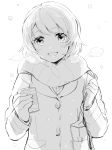  1girl coat karuha koizumi_hanayo love_live!_school_idol_project monochrome scarf snowing solo 
