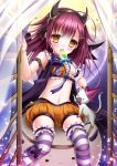 1girl candy cat demon_tail demon_wings hair_ornament hairband hairclip halloween holding licking lollipop long_hair looking_at_viewer navel original purple_hair shitou sitting tail wings yellow_eyes 