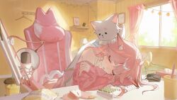  1girl absurdres ahoge animal animal_ears bare_shoulders cat chair closed_eyes commentary commission cup curtains food highres indoors long_hair long_sleeves machida_0906 microphone off-shoulder_sweater off_shoulder original parted_lips pink_hair pink_sweater skeb_commission sleeping solo sweater tail untranslatable_commentary variant_set virtual_youtuber window 
