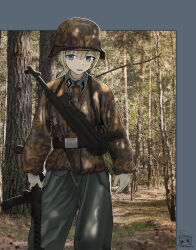  1girl absurdres aqua_eyes arm_at_side arms_at_sides belt belt_buckle black_belt blonde_hair brown_helmet brown_jacket buckle camouflage camouflage_helmet camouflage_jacket chinese_commentary collar_tabs collared_jacket combat_helmet commentary_request dagger dappled_sunlight day feet_out_of_frame folded_stock forest german_commentary grey_pants gun gun_sling helmet highres insignia jacket knife long_hair looking_at_viewer military military_combat_uniform military_uniform mp40 nature nazi open_mouth original outdoors pants ponytail pps-43 reichsadler ribben sheath sheathed siegrunen smock soldier ss_insignia stahlhelm standing submachine_gun sunlight swastika waffen-ss weapon woodland_camouflage world_war_ii 