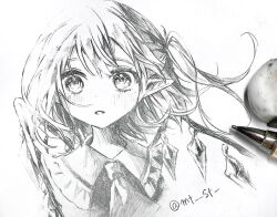  1girl art_tools_in_frame ascot blush collared_shirt commentary_request crystal crystal_wings flandre_scarlet frilled_shirt_collar frills furawast greyscale monochrome one_side_up open_mouth photo_(medium) pointy_ears shirt solo touhou traditional_media twitter_username upper_body vest wings 