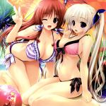  2girls ;d absurdres aina_ashwin ball barefoot beach beach_umbrella beachball bikini blonde_hair blue_eyes breasts cleavage fang frilled_bikini frills front-tie_top hair_ribbon highres kneeling large_breasts long_hair looking_at_viewer multiple_girls navel open_mouth payot pink_bikini prism_recollection! red_eyes redhead renjou_sayaka ribbon scan shintarou side-tie_bikini sitting smile striped striped_bikini striped_swimsuit swimsuit twintails v very_long_hair wariza wink 