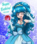  1girl ;d blue_dress blue_eyes blue_gloves blue_hair bow breasts cleavage dress elbow_gloves gift gloves hanzou happinesscharge_precure! happy_birthday jewelry long_hair necklace one_eye_closed open_mouth pearl_necklace ponytail precure shirayuki_hime smile solo v 