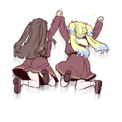  2girls blonde_hair blue_hair brown_dress brown_hair brown_shoes colored_tips commentary_request dress facing_away from_behind fujishima_megumi full_body hasu_no_sora_school_uniform holding_hands jumping loafers long_hair long_sleeves love_live! love_live!_hasu_no_sora_jogakuin_school_idol_club medium_dress mira-cra_park! motion_blur multicolored_hair multiple_girls osawa_rurino pleated_dress sailor_collar sailor_dress school_uniform shinanoya_(satanicad) shoes simple_background socks twintails two_side_up virtual_youtuber white_background white_sailor_collar white_socks winter_uniform 