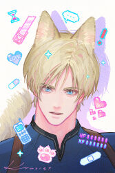  ... 1boy animal_ears animal_hands bandaid blonde_hair blue_eyes blue_shirt cat_boy cat_ears cat_tail chainsaw chest_holster commentary drop_shadow head_tilt heart highres hourglass kemonomimi_mode krusier leon_s._kennedy looking_at_viewer male_focus phone pill pixel_art_inset portrait resident_evil resident_evil_4 shirt short_hair solo speech_bubble spoken_ellipsis tail 