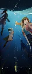  acminaasonde aikawa_miyuu asphyxiation bag blue_pants boots coat commentary_request drowning gamon_yuuta grey_shirt hashigami_sarai highres holding_down_headwear jacket leather_coat moritsuka_shun multicolored_coat occultic;nine one_side_up pants science_adventure shirt shirt_tucked_in shoes suit_jacket sumikaze_touko trench_coat underwater upside-down 