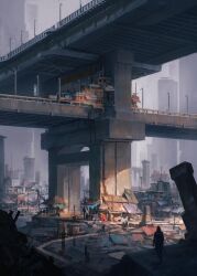  1other absurdres ambiguous_gender building day elevated_highway grand_scale guard_rail highres highway hutao_li incredibly_absurdres original outdoors overpass post-apocalypse power_lines road_sign scenery sign town utility_pole very_wide_shot 