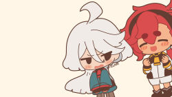  2girls ahoge artist_name black_hairband black_shoes blush blush_stickers clenched_hands closed_eyes commentary_request dress green_dress gundam gundam_suisei_no_majo hair_between_eyes hairband happy highres jacket long_hair long_sleeves looking_back miorine_rembran multiple_girls open_mouth pantyhose ponytail red_hair rizu_(rizunm) shoes shorts simple_background solid_circle_eyes standing suletta_mercury thick_eyebrows twitter_username white_background white_hair white_jacket white_shorts 