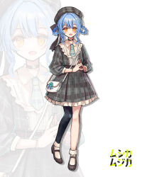  1girl alternate_costume artist_name bag beret black_shoes blue_hair blue_necktie bracelet braid braided_hair_rings collared_dress commentary_request dress frilled_dress frills full_body grey_dress grey_hat hair_rings hat highres jewelry long_sleeves looking_at_viewer mahou_shoujo_no_majo_saiban musica_musica necktie open_mouth own_hands_together plaid_clothes plaid_dress plaid_hat shoes short_hair signature single_leg_pantyhose smile socks solo standing steepled_fingers tachibana_sherry white_bag white_socks yellow_eyes zoom_layer 