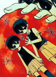  2boys antenna_hair apple black_eyes black_hair black_sweater_vest black_tank_top black_thighhighs bright_pupils brown_shorts closed_mouth collared_shirt colored_skin commentary double-parted_bangs dual_persona etursaemajoris food fruit hair_between_eyes highres holding holding_food holding_fruit holding_hands interlocked_fingers male_focus multiple_boys omori omori_(omori) shirt short_hair short_sleeves shorts striped_clothes striped_shorts sunny_(omori) sweater_vest tank_top thigh-highs vertical-striped_clothes vertical-striped_shorts white_pupils white_shirt white_shorts white_skin 