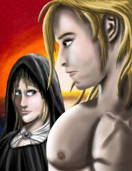 1boy 1girl 2026 blonde_hair blue_eyes deviantart earthrealmer2022 elden_ring female fia_the_deathbed_companion godwyn_the_golden hetero male meme namco self-upload self_upload shirtless yellow_eyes