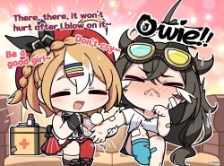  >_< 2girls :d ahoge black_gloves black_hair blush braid clenched_teeth closed_eyes commentary cotton_swab couch cropped_shirt crown_braid crying donna_(stella_sora) english_commentary english_text fingerless_gloves first_aid first_aid_kit flinch gauze gauze_on_arm gauze_on_leg gloves goggles goggles_on_head hair_ornament hairclip hat highres injury long_hair miniskirt multiple_girls nose_blush official_art on_couch open_mouth orange_hair pain parallel_hairclips pink_background pinstripe_pattern pinstripe_skirt red_hat red_skirt shirt sitting skirt smile speech_bubble stella_sora tears teeth teresa_(stella_sora) white_shirt 