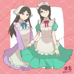  2girls 820ameichi apron black_hair commentary_request dress expressionless fujiyoshi_harumi glasses green_dress highres kitsu_chiri long_hair looking_at_viewer maid maid_apron maid_headdress multiple_girls purple_dress sayonara_zetsubou_sensei sitting white_apron white_headdress 