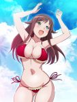  1girl akana_rui arms_up artist_request bikini blush breasts brown_hair chousoku_henkei_gyrozetter cleavage clouds cowboy_shot female green_eyes highres large_breasts long_hair open_mouth side-tie_bikini solo source_request swimsuit 